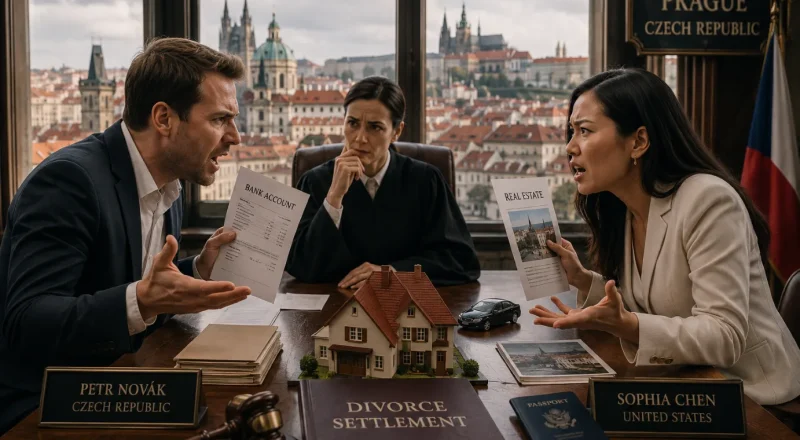 Cross-border divorce hearing in Prague: spouses of different nationalities before a judge, with settlement papers and passports
